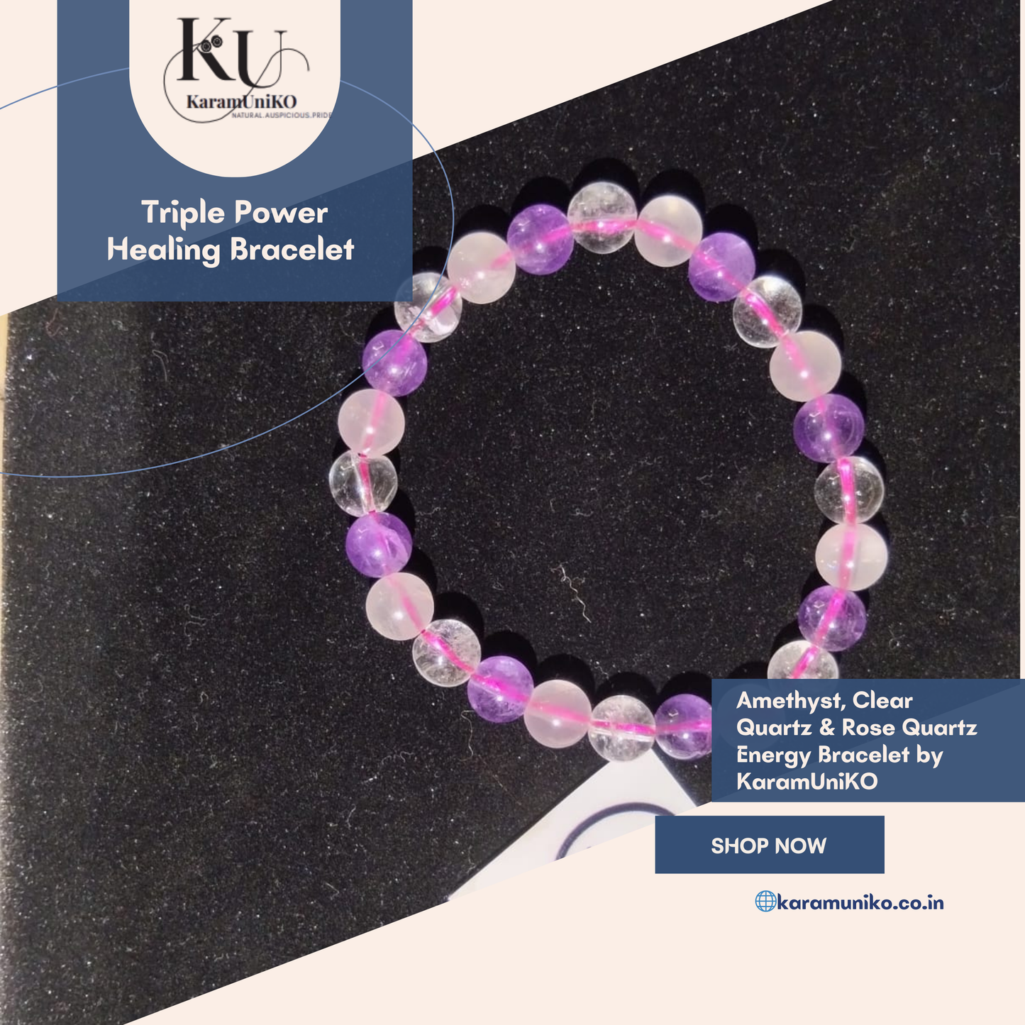 Triple Power Amethyst, Clear Quartz & Rose Quartz Energy Bracelet by KaramUniKO