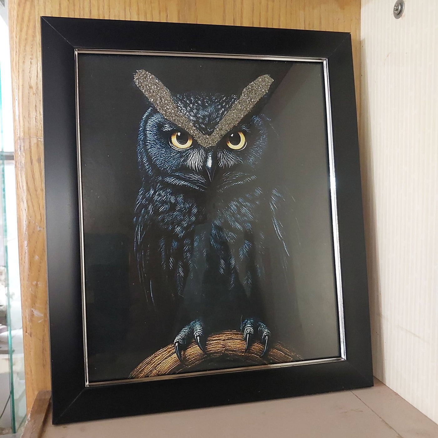 🦉 Mystical Owl Portrait with Pyrite Artistic Embellishment – Framed Wall Art