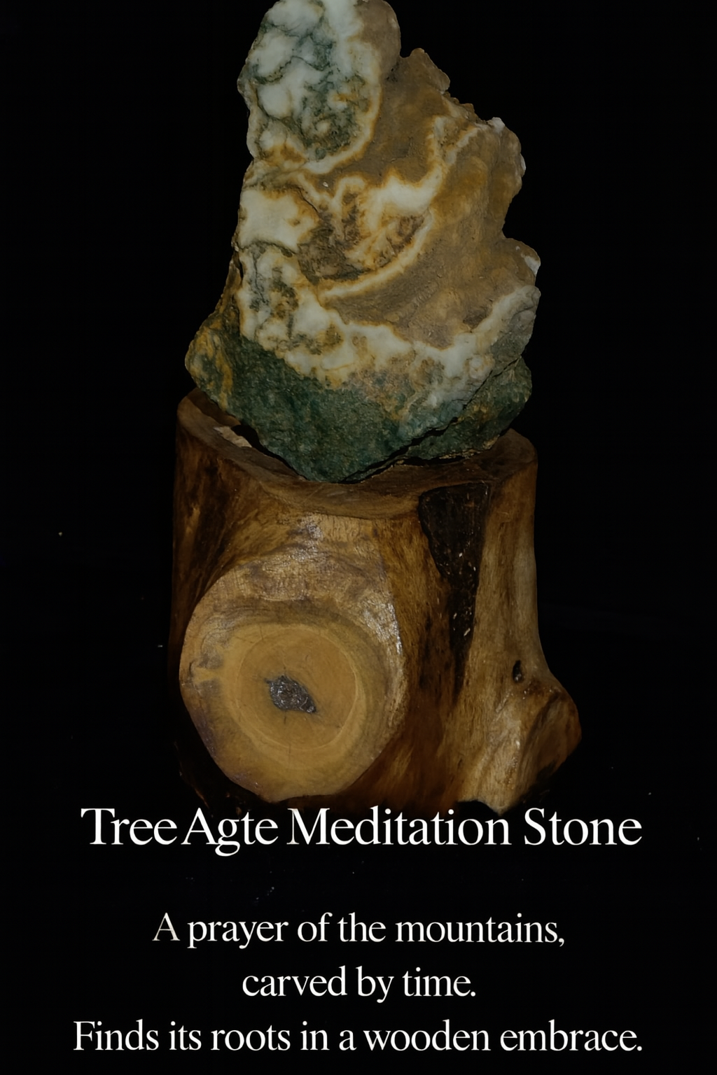Tree Agate Meditation Stone on Rustic Wooden Stand