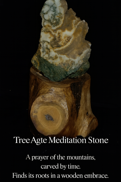 Tree Agate Meditation Stone on Rustic Wooden Stand