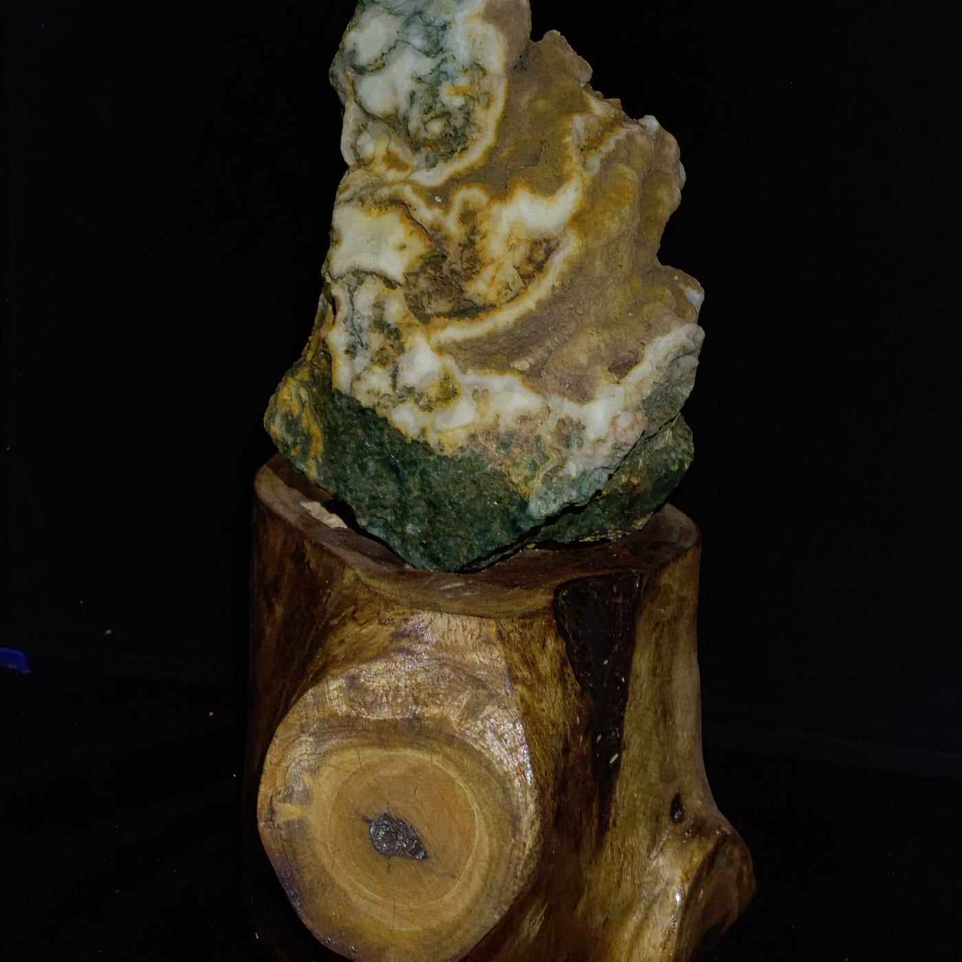 Tree Agate Meditation Stone on Rustic Wooden Stand