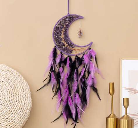 Amethyst Crescent Moon Dreamcatcher – With Feathers & Crystal Charm